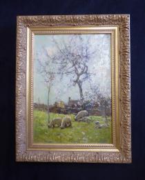 Adam Edwin Proctor R.B.A, Sheep grazing in an Orchard.